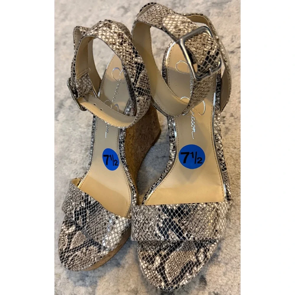 Jessica Simpson Snakeskin Cork Wedge Sandals Grey Black Ankle Strap‎ Size 7.5M